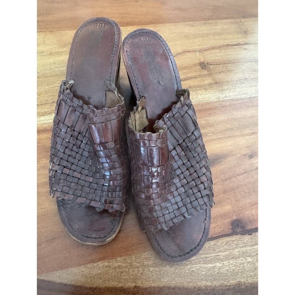 Vtg 70s Y2K Wood Leather Woven Clog Mule Slide Sandal Cutout Heel Hippie Boho 8 - Picture 6 of 8